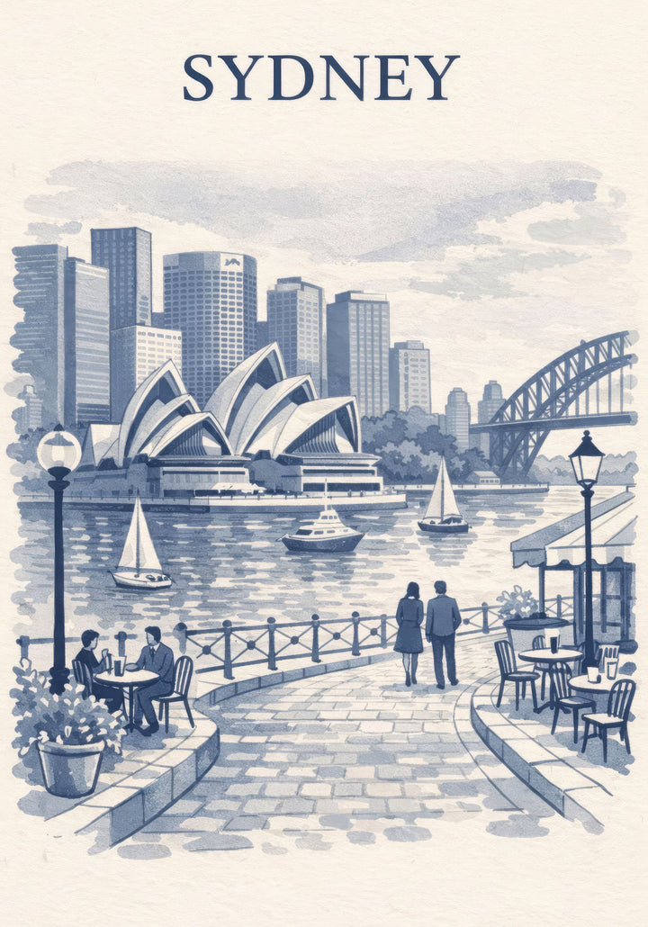 Wadi Home Sydney Harbor watercolor print in blue and white, featuring the Opera House and Harbour Bridge.