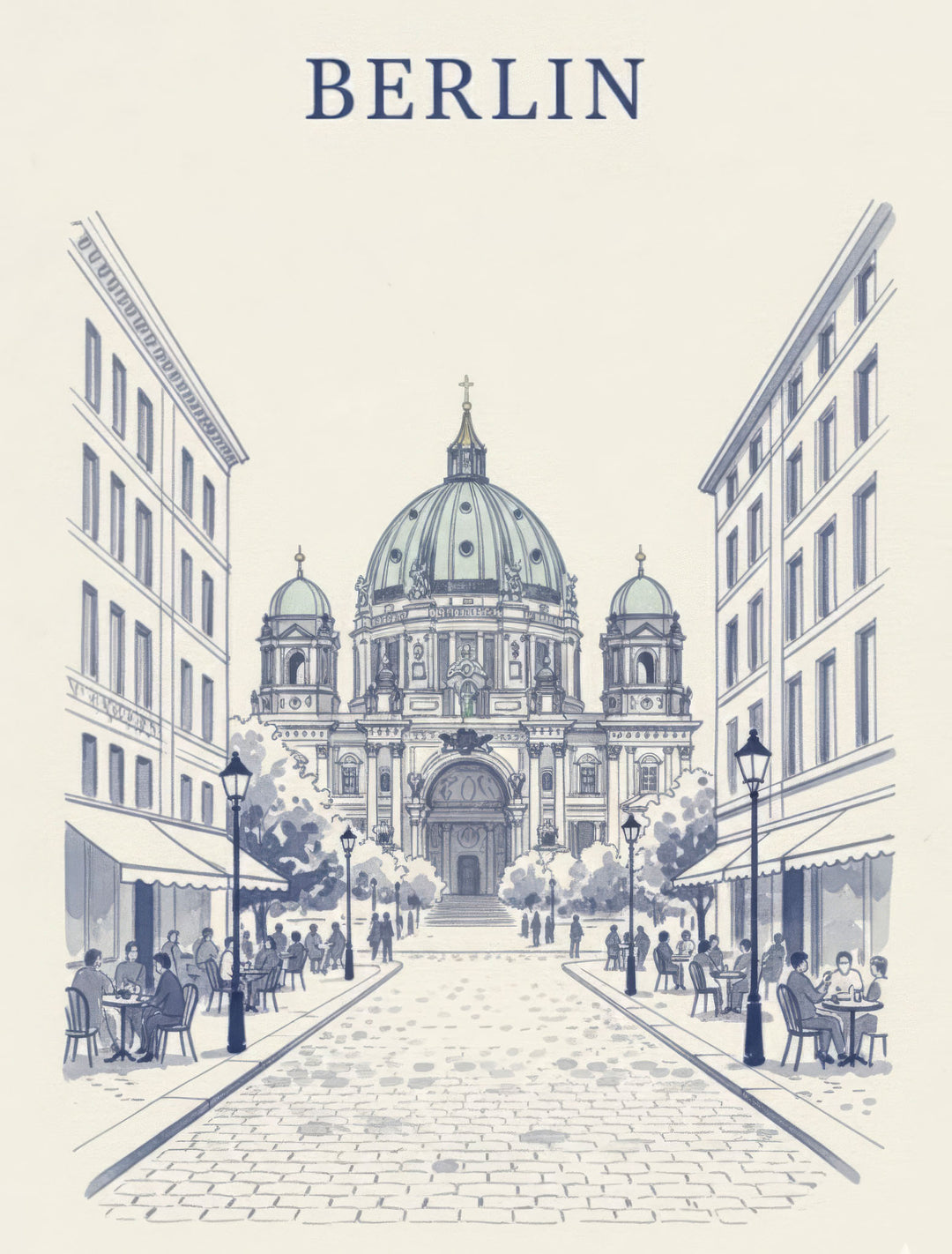 Wadi Home Berlin Cathedral street scene art print, blue and white sketch of European architecture and cafes.