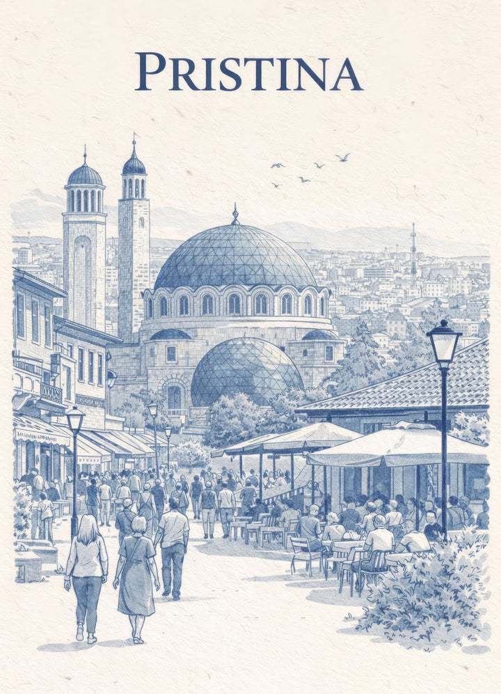 Wadi Home Pristina cityscape illustration in blue and white, depicting a busy street scene with cafes and landmarks.