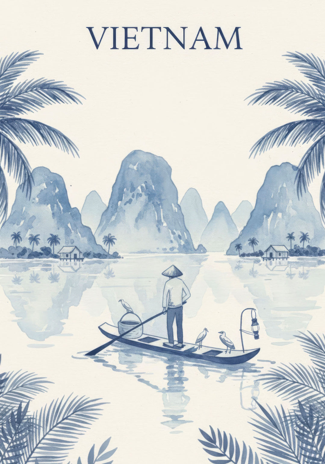 Wadi Home Vietnam landscape watercolor art print featuring a boatman on calm water with limestone karsts and palm trees.