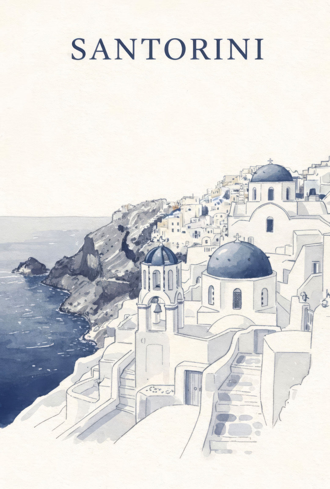 Wadi Home Santorini village watercolor artwork featuring white buildings with blue domes overlooking the Aegean Sea.