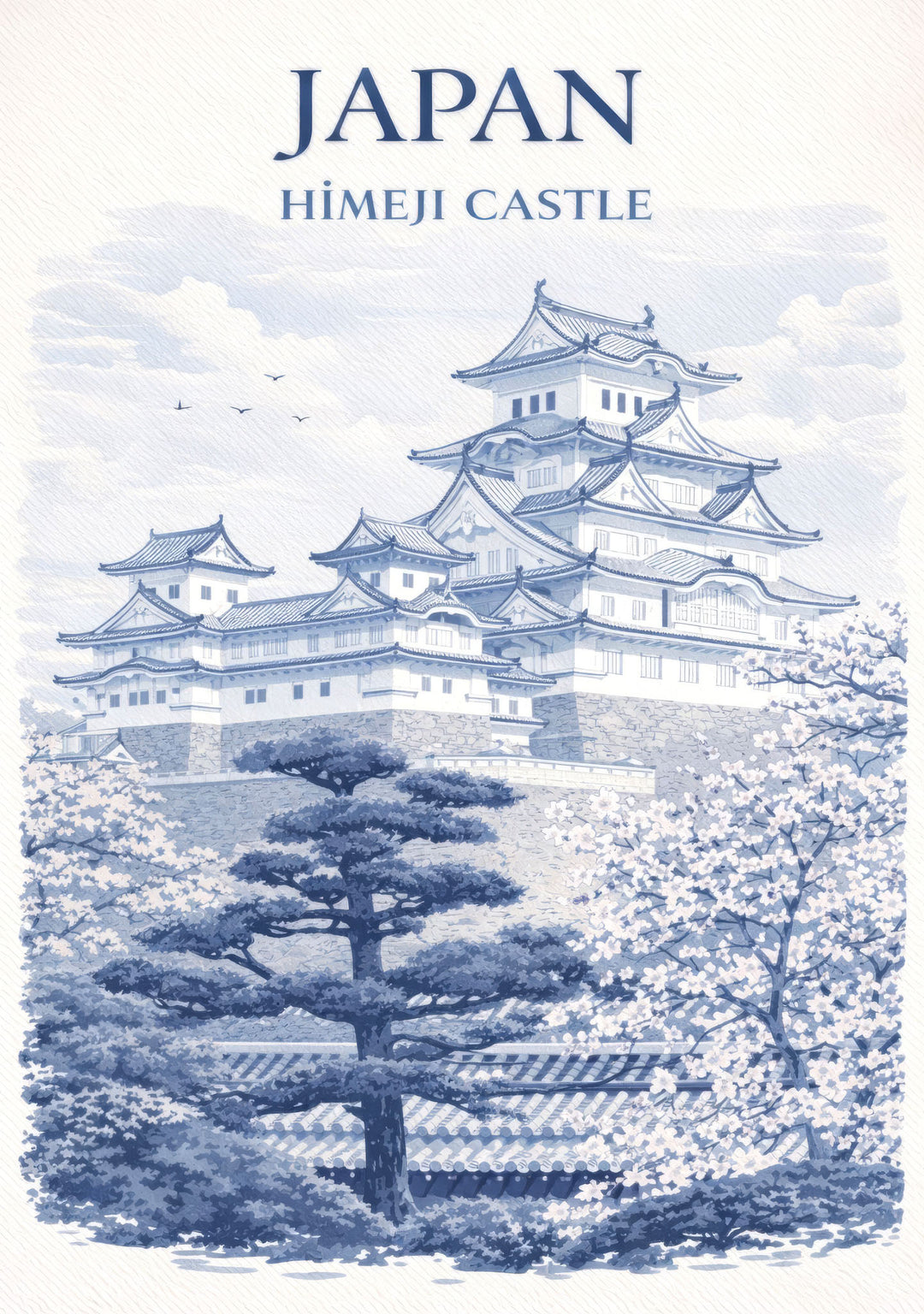 Wadi Home Japanese art print of Himeji Castle in blue and white, featuring cherry blossoms and a pine tree.
