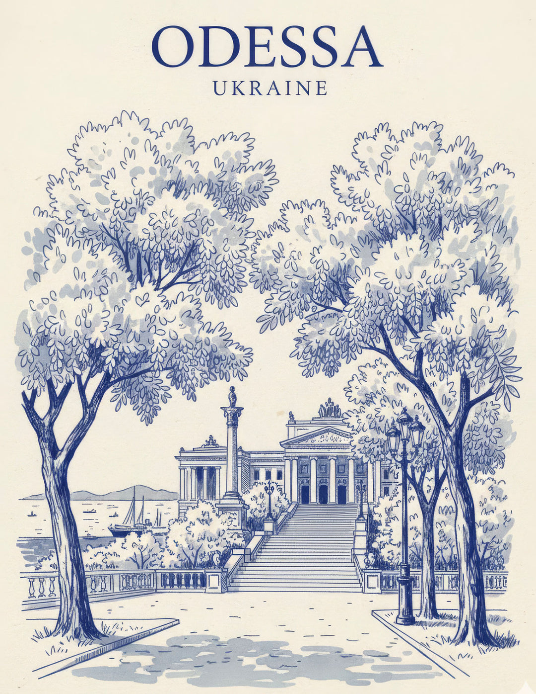 Wadi Home blue and white toile-style artwork of Odessa, Ukraine landscape with iconic architecture and trees.