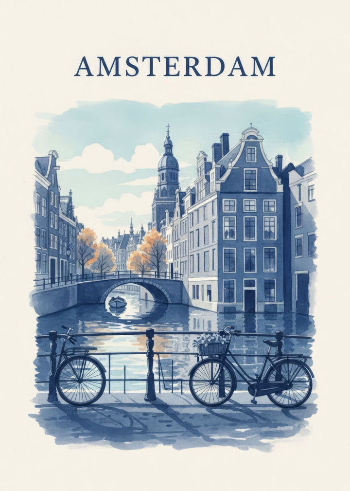 Wadi Home Amsterdam canal scene watercolor print with bicycles and Dutch architecture in blue tones.