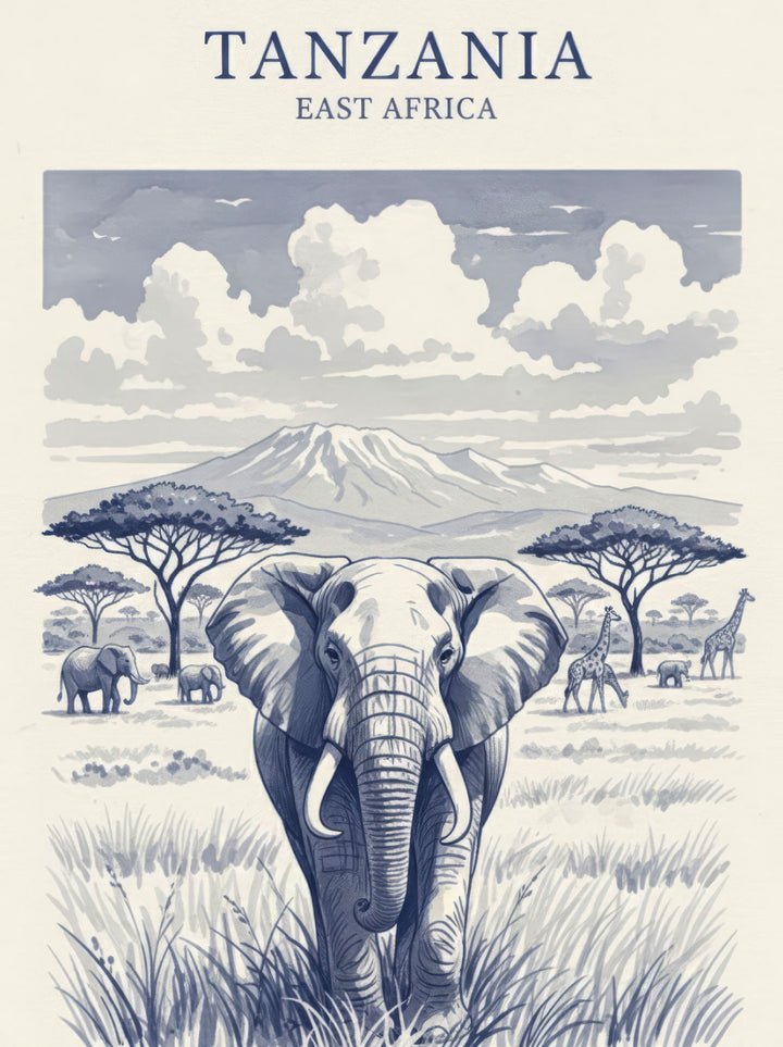 Wadi Home Tanzania East Africa elephant landscape art print. Blue and cream savanna scene with elephant, giraffes, acacia trees, and mountain.