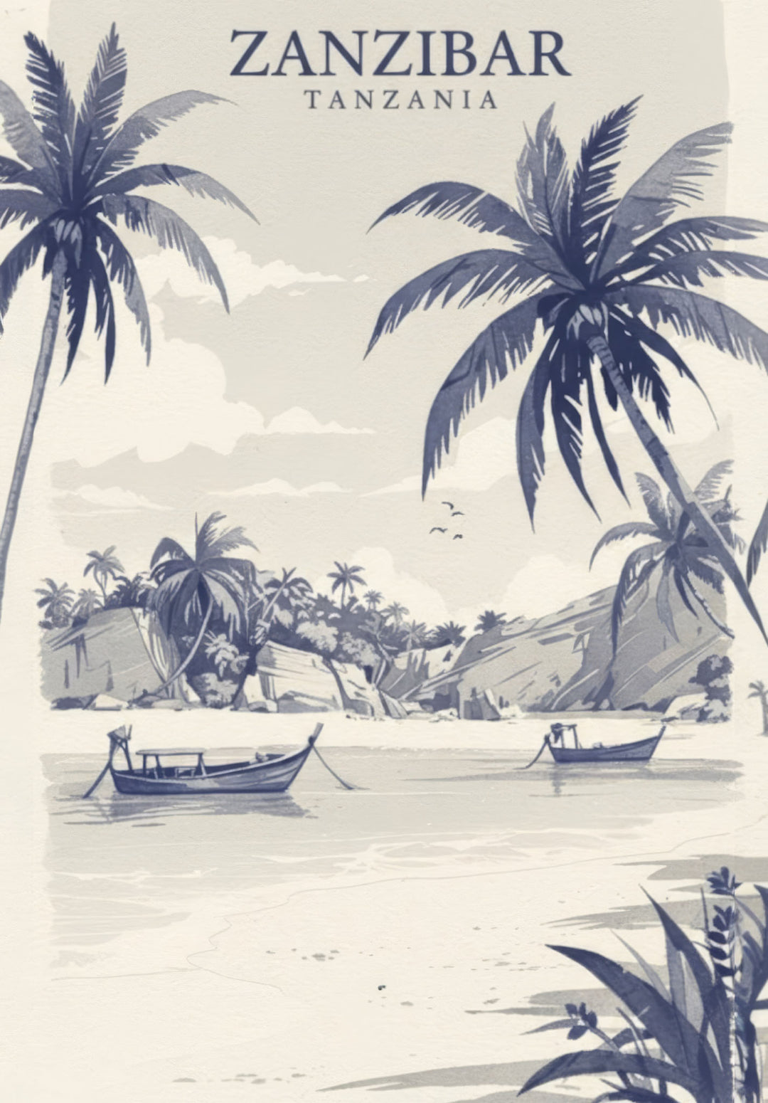Wadi Home Zanzibar Tanzania tropical beach scene print with palm trees, dhow boats, and calm blue water. Classic blue and cream.