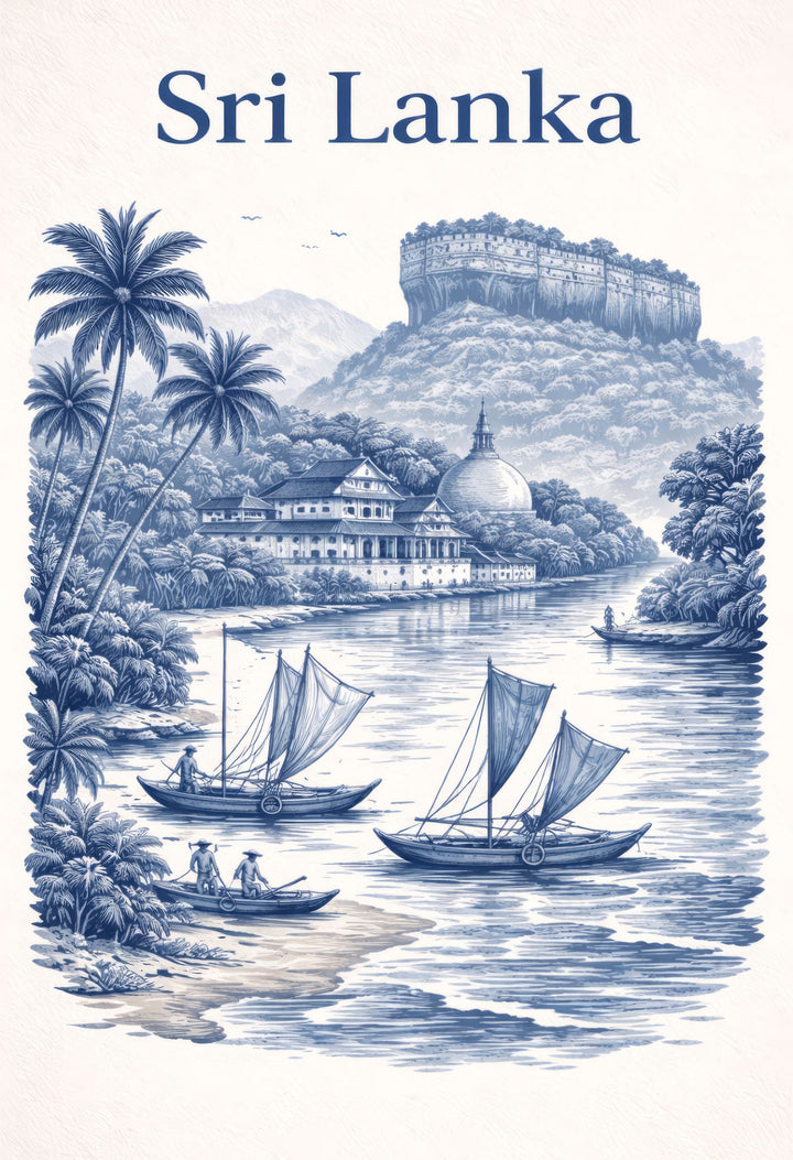 Wadi Home Sri Lanka landscape art print in blue and white toile style, featuring boats on a river, palm trees, temple, and ancient ruins.