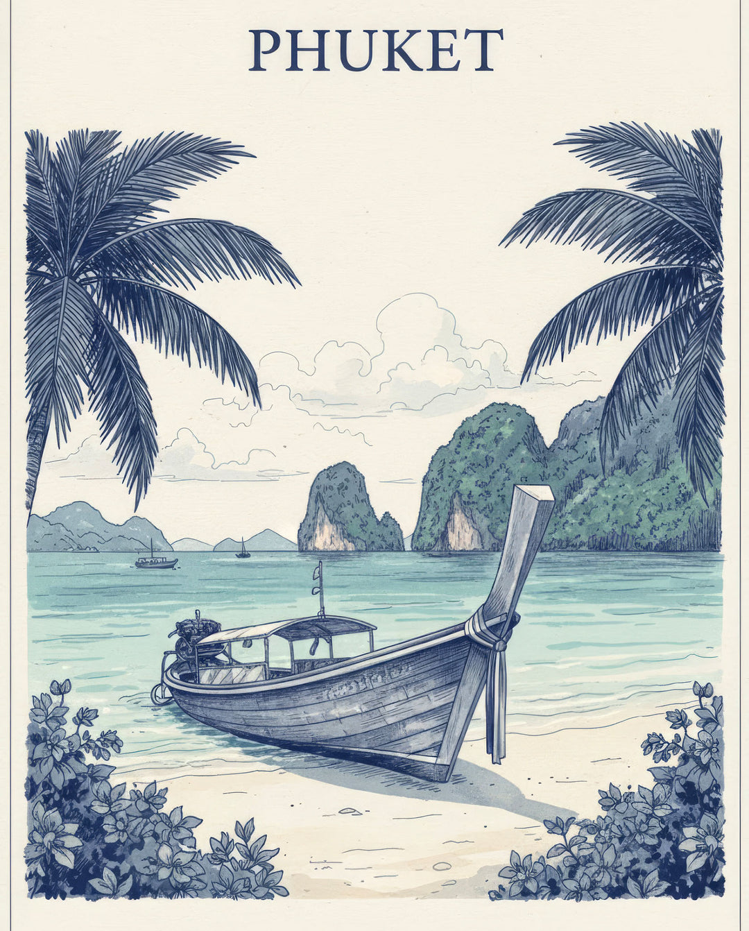 Wadi Home Phuket longtail boat tropical landscape poster with palm trees and limestone karsts. Blue and cream.