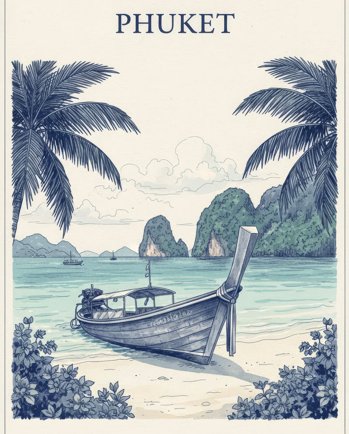 Wadi Home Phuket longtail boat tropical landscape poster with palm trees and limestone karsts. Blue and cream.