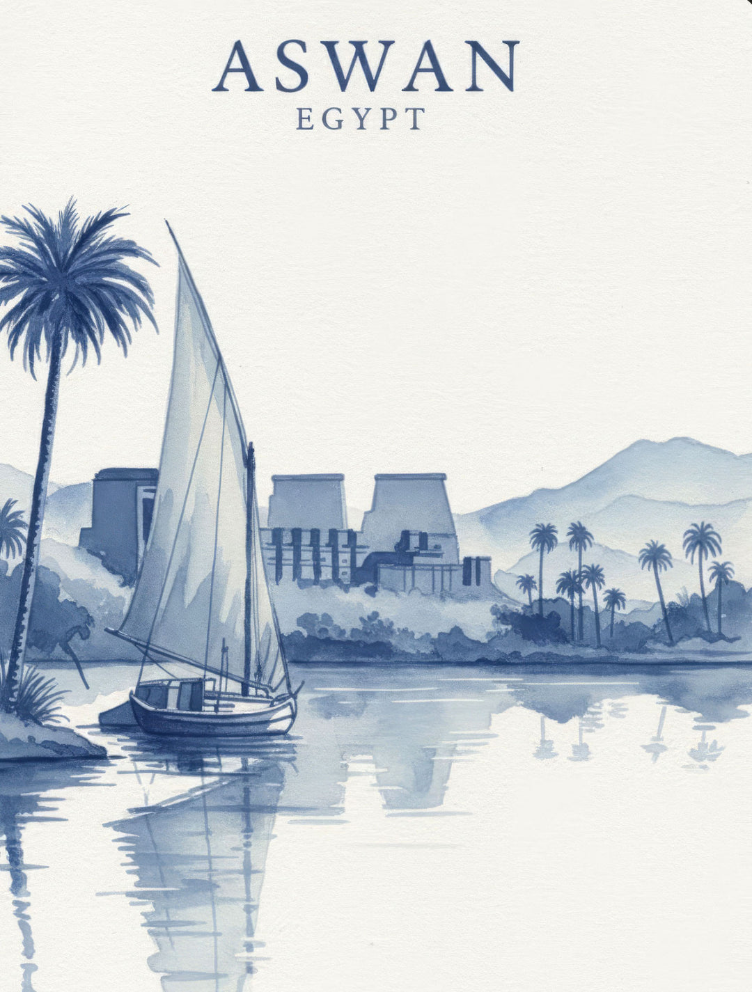 Wadi Home Aswan Egypt watercolor art print featuring a sailboat on the Nile River with ancient temples and palm trees.