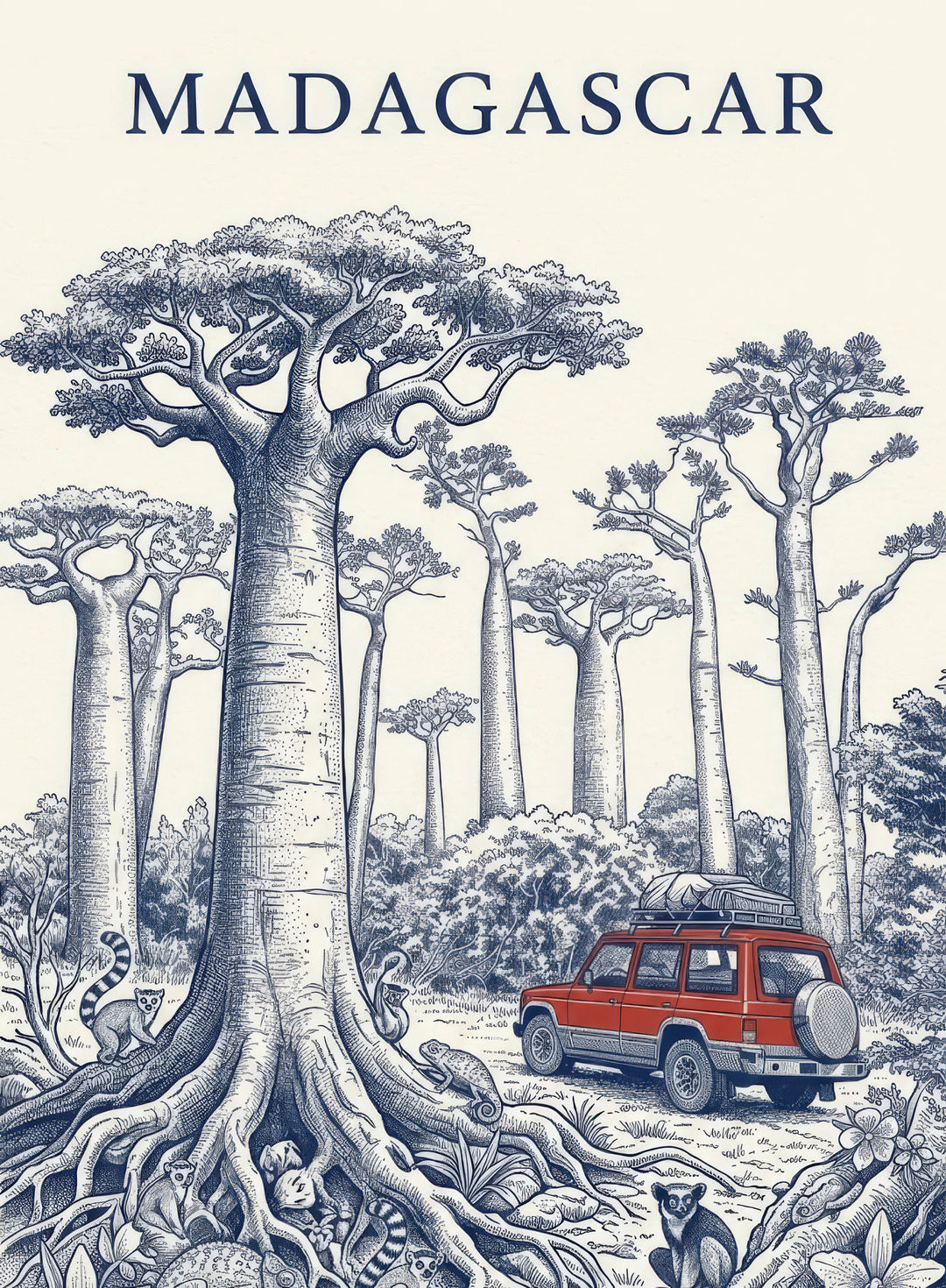 Wadi Home Madagascar Baobab Forest safari adventure print with vintage illustration of baobab trees and red safari vehicle.