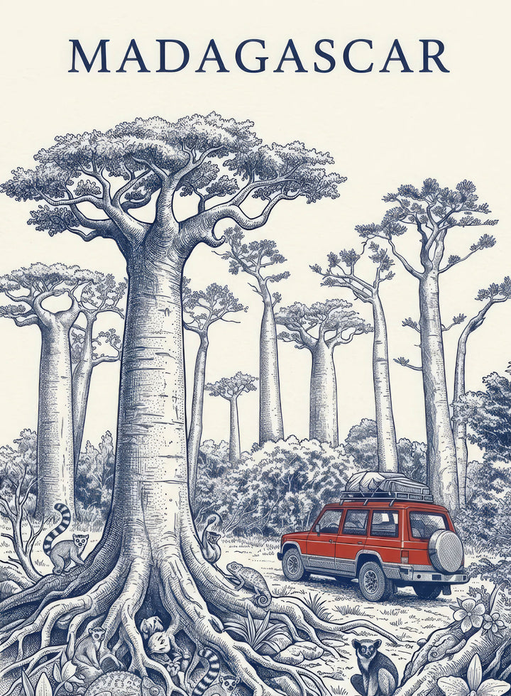 Wadi Home Madagascar Baobab Forest safari adventure print with vintage illustration of baobab trees and red safari vehicle.