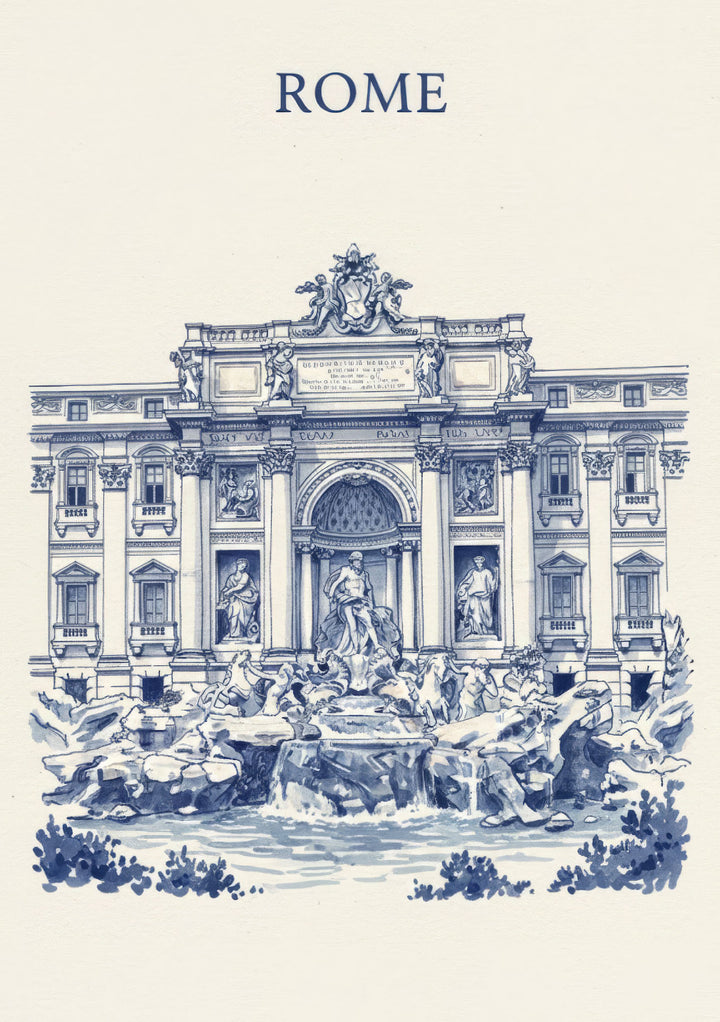 Wadi Home Trevi Fountain Rome illustration in blue and white, depicting the iconic landmark with intricate architectural details.