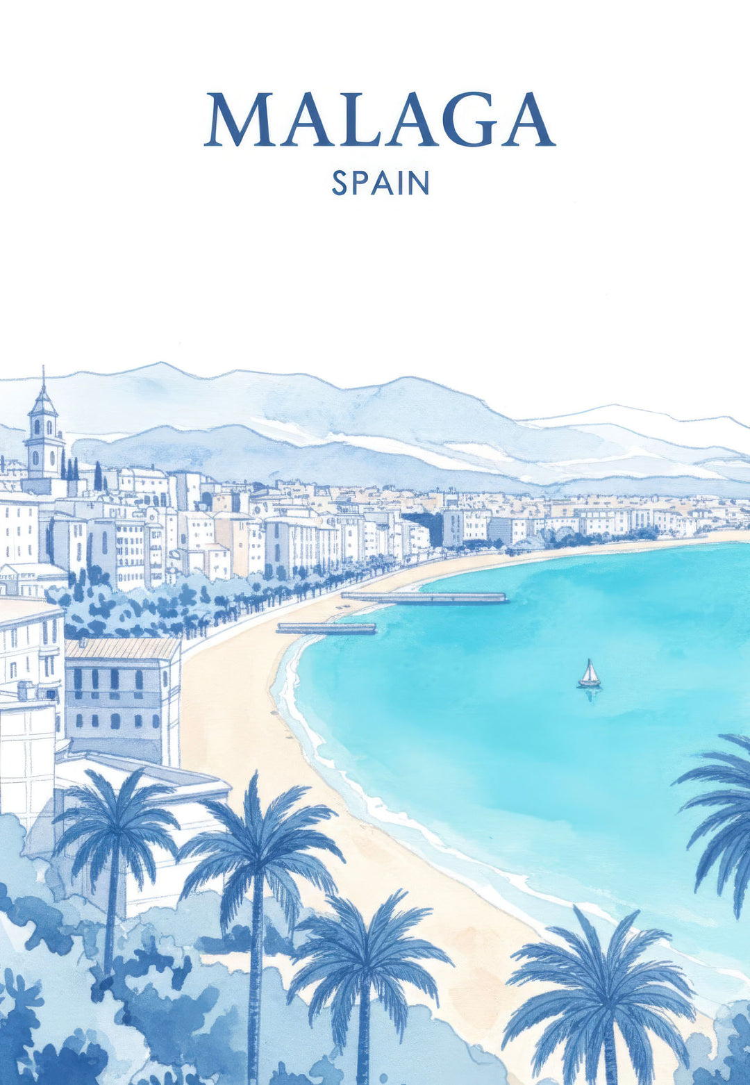 Wadi Home Malaga Spain coastal watercolor print featuring a beach, palm trees, and blue ocean.