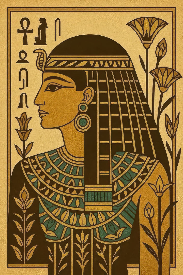 Wadi Home Egyptian Queen portrait wall art in profile, featuring headdress, jewelry, and hieroglyphs. Earthy tones.