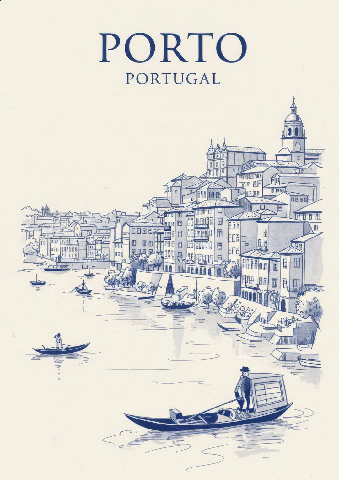 Wadi Home Porto Portugal blue and white cityscape sketch art print of Douro River and riverside architecture.