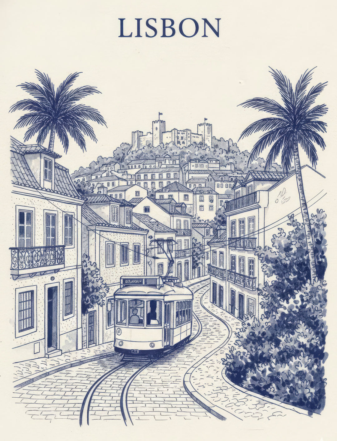 Wadi Home Lisbon tram print, blue and white sketch of a tram on cobblestone street with castle and palm trees.