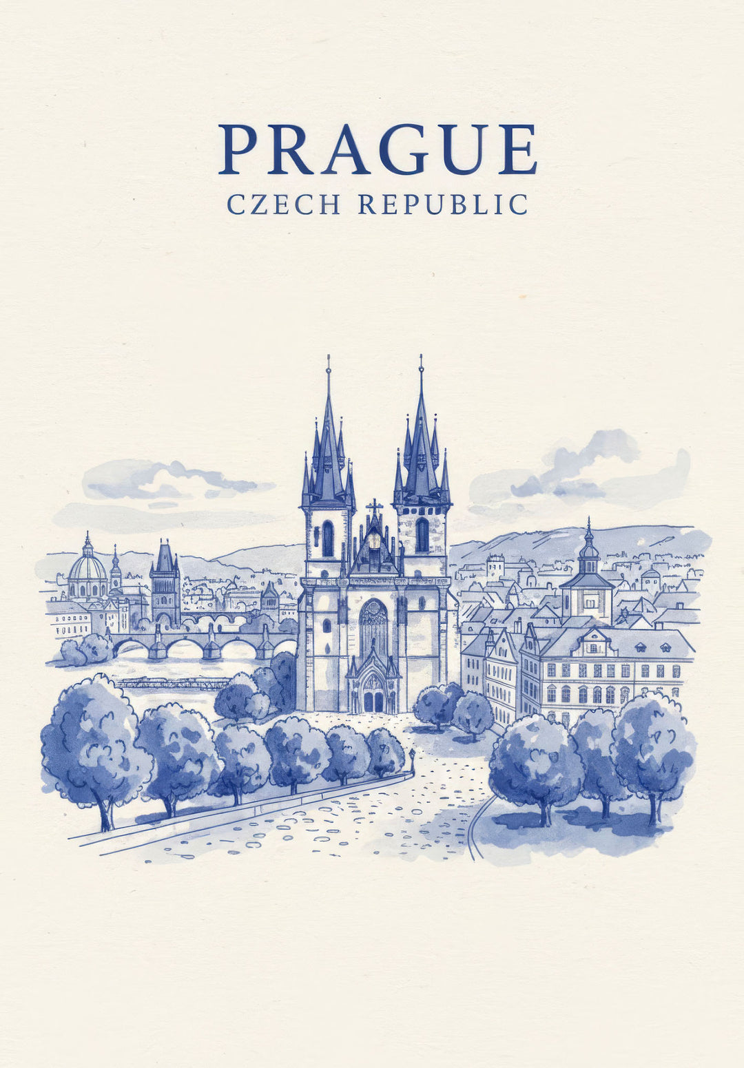 Wadi Home Prague Czech Republic skyline artwork, blue and white sketch of historic architecture and trees.