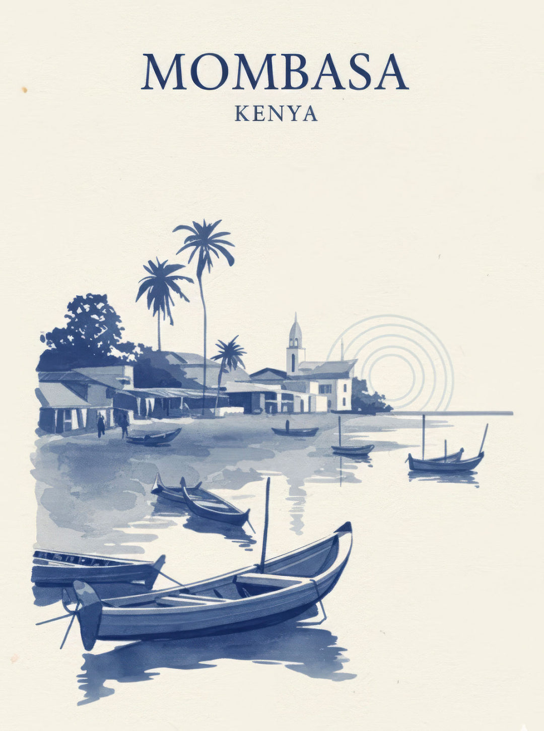 Wadi Home Mombasa Kenya coastal village art print with dhow boats and palm trees in blue and white.