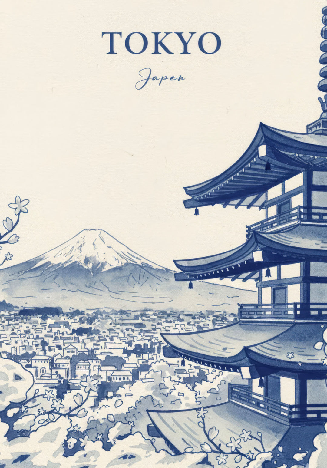 Wadi Home blue and white artwork of Tokyo, Japan, featuring a pagoda and Mount Fuji landscape.