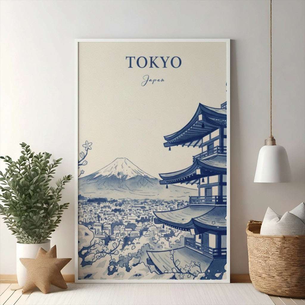 Tokyo Japan Pagoda and Mountain Landscape Artwork