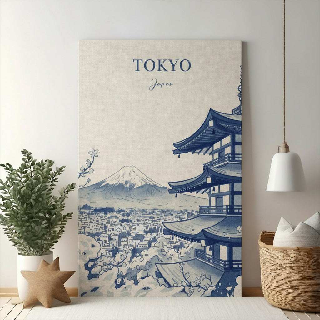 Tokyo Japan Pagoda and Mountain Landscape Artwork
