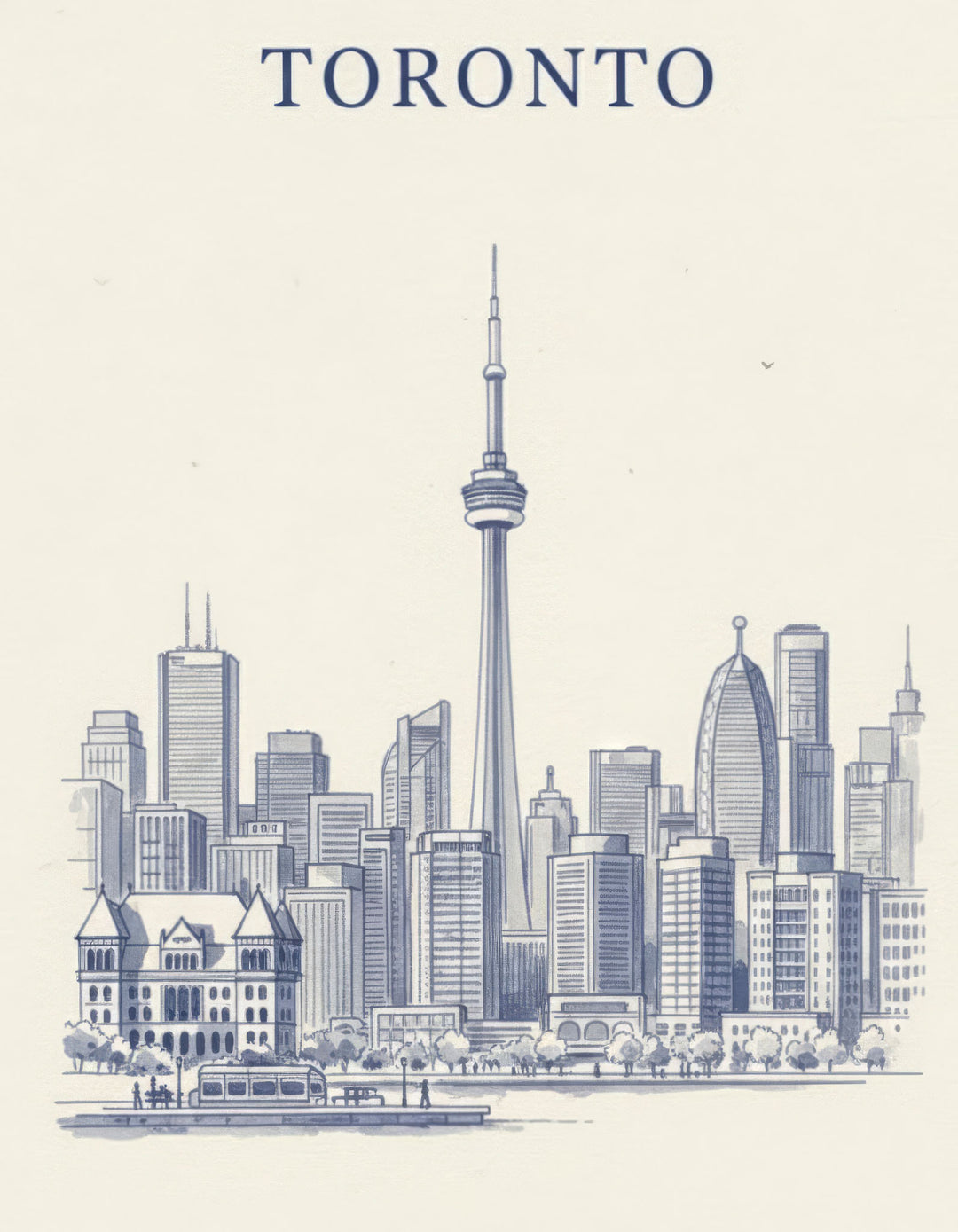 Wadi Home Toronto skyline sketch art print, minimalist blue-line drawing of CN Tower and city landmarks, framed and ready to hang.