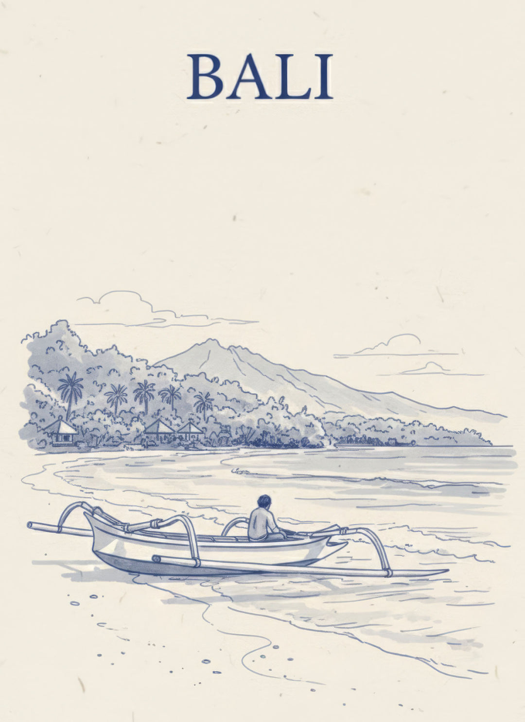 Wadi Home Bali beach scene artwork with blue and cream minimalist design, featuring a boat on shore and tropical mountains.