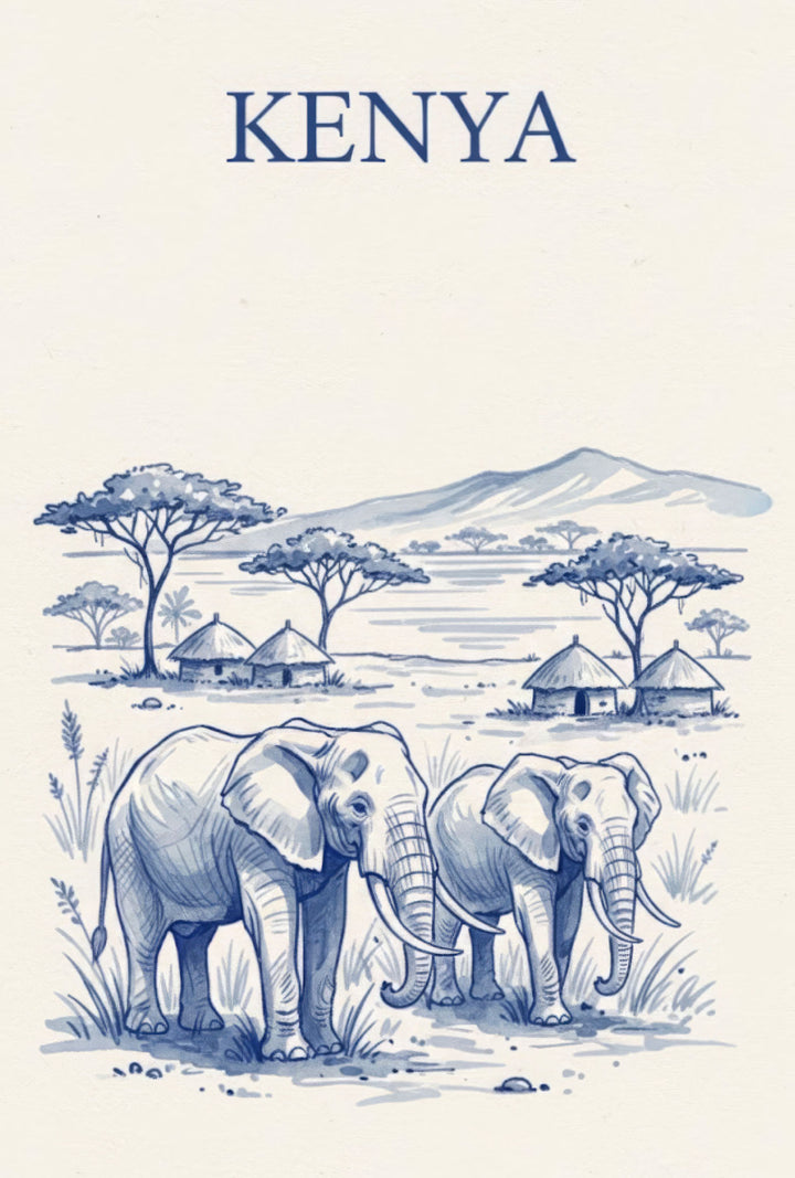 Wadi Home blue and white sketch art print of two elephants in Kenya with traditional huts and acacia trees.