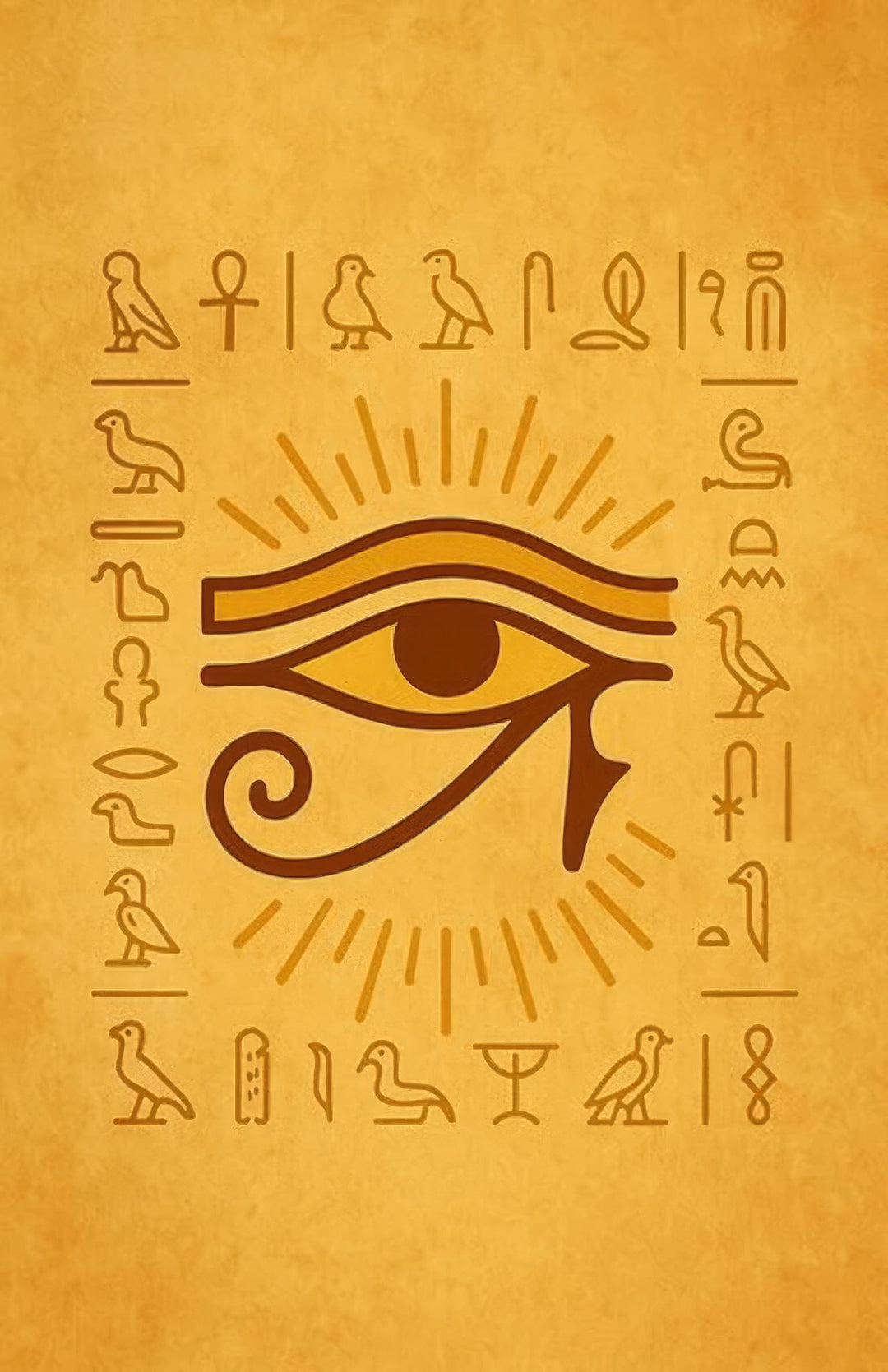 Wadi Home Ancient Egyptian Eye of Horus wall art with hieroglyphs. Golden yellow background with brown details.