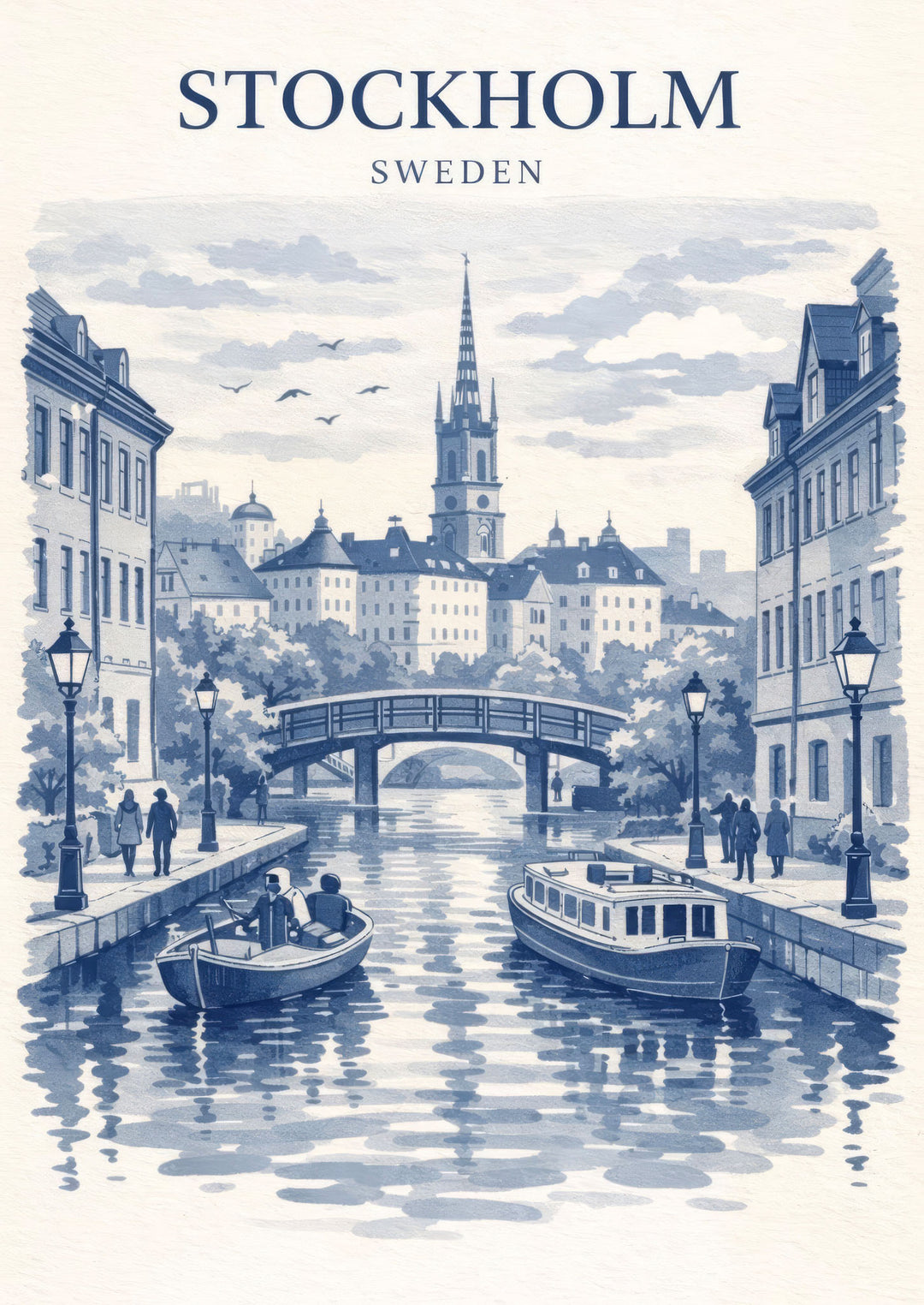 Wadi Home Stockholm Sweden blue and white watercolor canal print with boats and historic buildings.