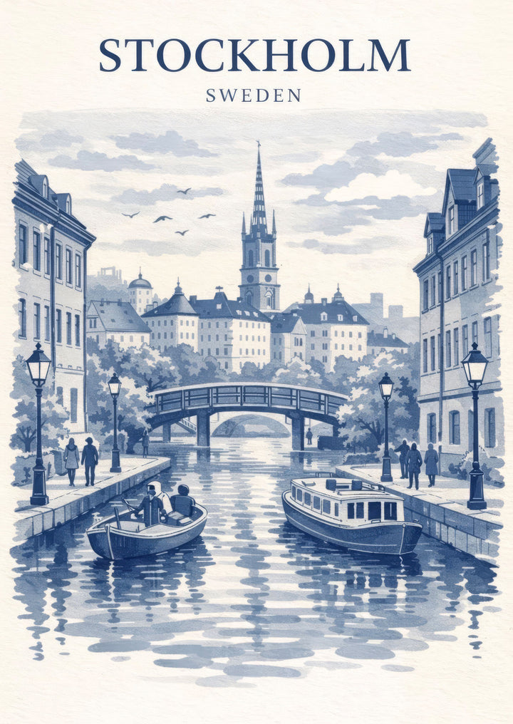 Wadi Home Stockholm Sweden blue and white watercolor canal print with boats and historic buildings.