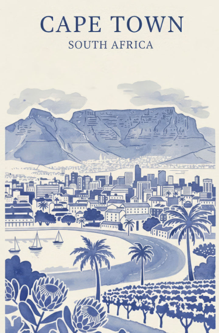 Wadi Home Cape Town South Africa watercolor art print featuring Table Mountain and city skyline in blue and white.