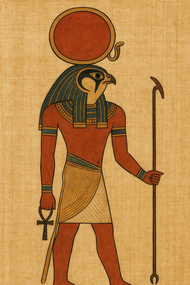 Wadi Home Ancient Egyptian wall art of Horus, the falcon-headed god, with hieroglyphs on textured papyrus-like background.