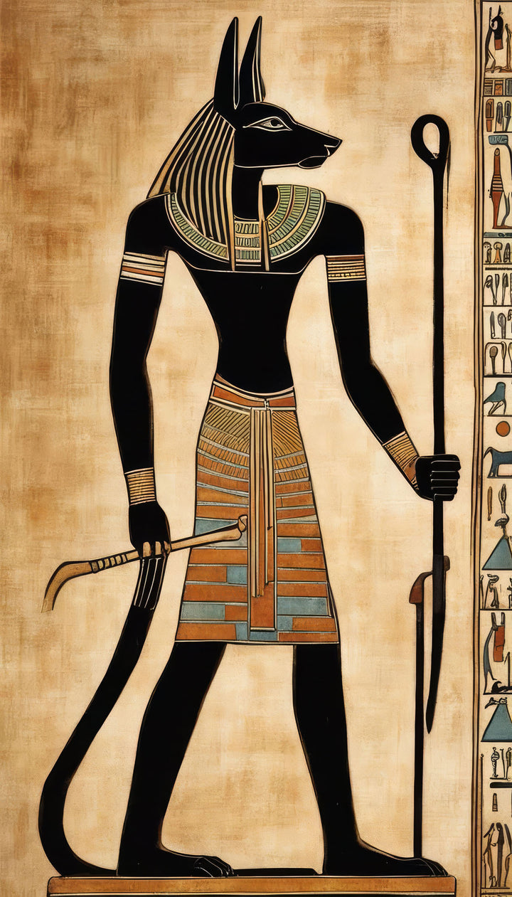 Wadi Home Anubis hieroglyphic wall art with jackal god profile, earthy tones, and intricate details.