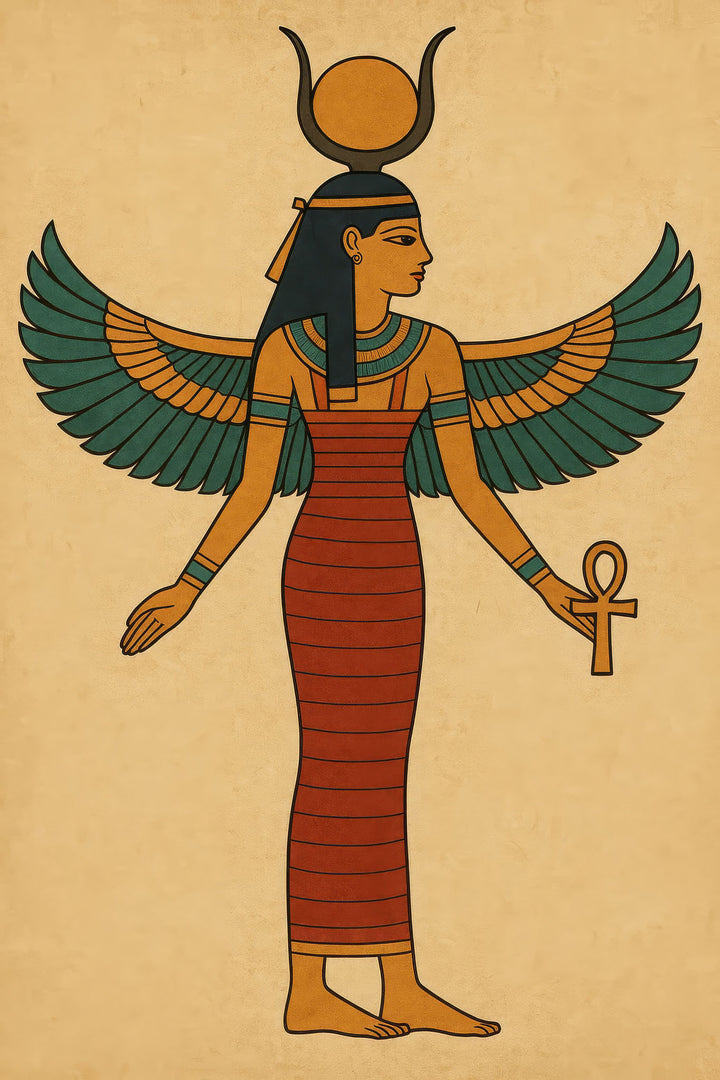 Wadi Home Ancient Egyptian winged goddess wall art with terracotta, teal, and gold details. Holds an ankh symbol.