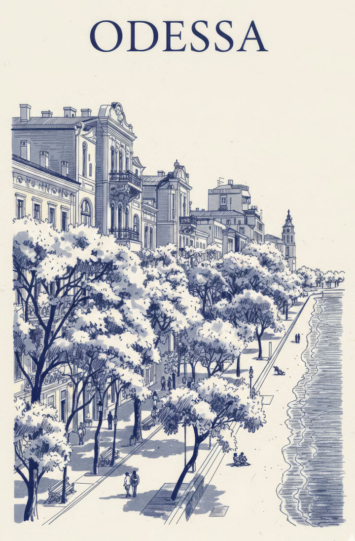 Wadi Home Odessa blue and white sketch art print featuring a scenic waterfront promenade with architectural buildings and trees.
