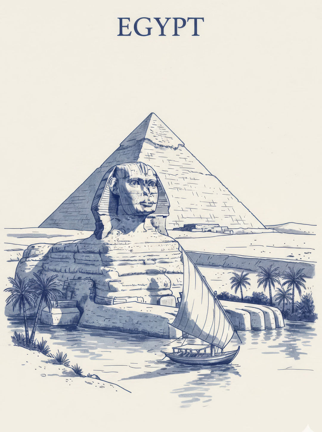 Wadi Home Egyptian Sphinx and Pyramid sketch art print in blue and white. Features Sphinx, Great Pyramid, Nile river, and felucca.