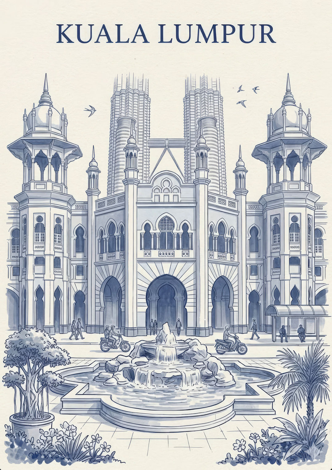 Wadi Home Kuala Lumpur architectural illustration in blue and white, featuring a detailed drawing of a historic building with towers and a fountain.