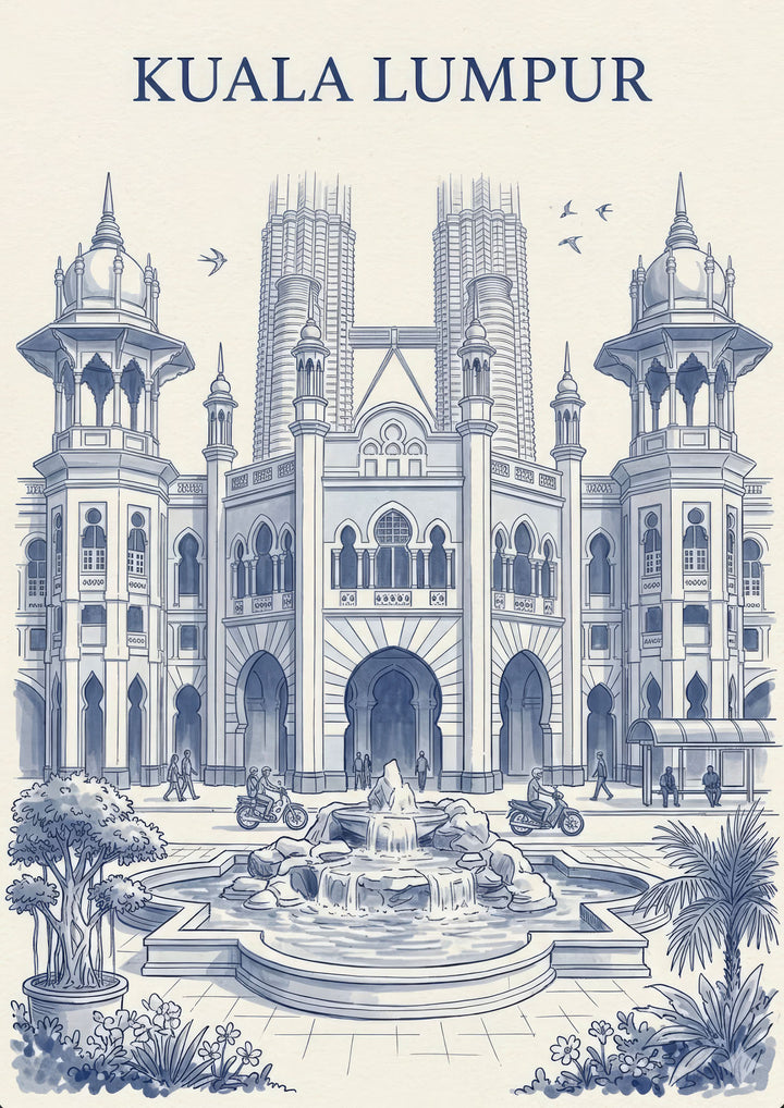 Wadi Home Kuala Lumpur architectural illustration in blue and white, featuring a detailed drawing of a historic building with towers and a fountain.