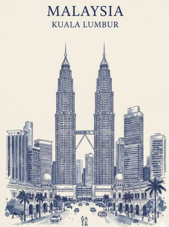 Wadi Home Kuala Lumpur cityscape sketch art print featuring Petronas Towers in blue ink on cream paper.