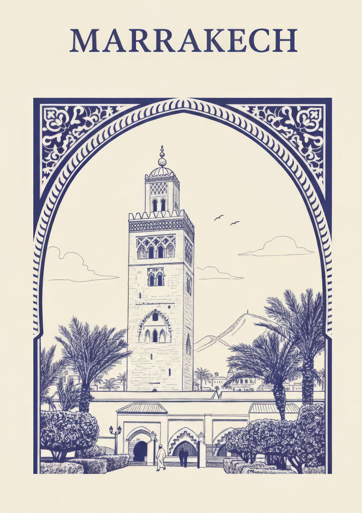 Wadi Home blue and cream line art print of Marrakech Koutoubia Mosque with palm trees and mountains.