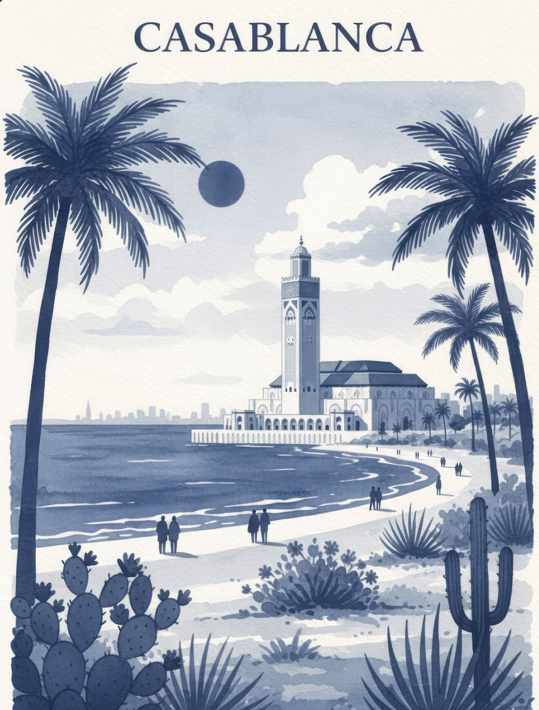 Wadi Home Casablanca coastal landscape poster featuring Hassan II Mosque, palm trees, and beach in blue watercolor style.
