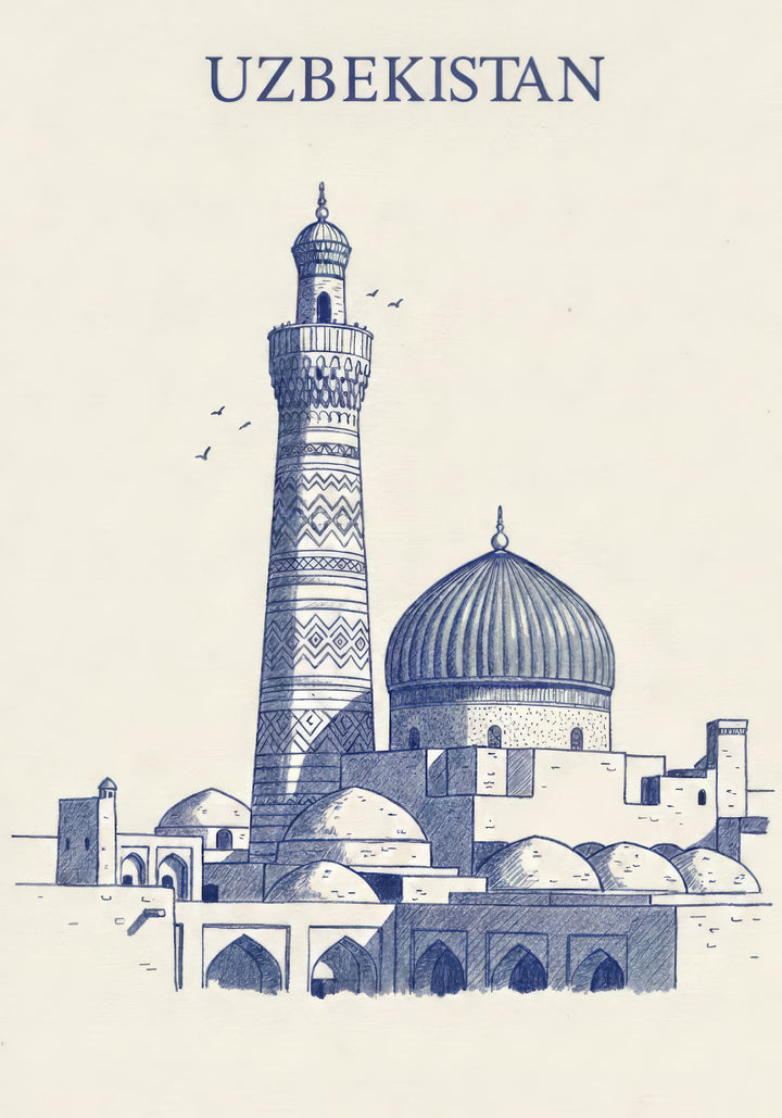 Wadi Home Uzbekistan architectural landmark sketch in blue ink, featuring minarets and domes.