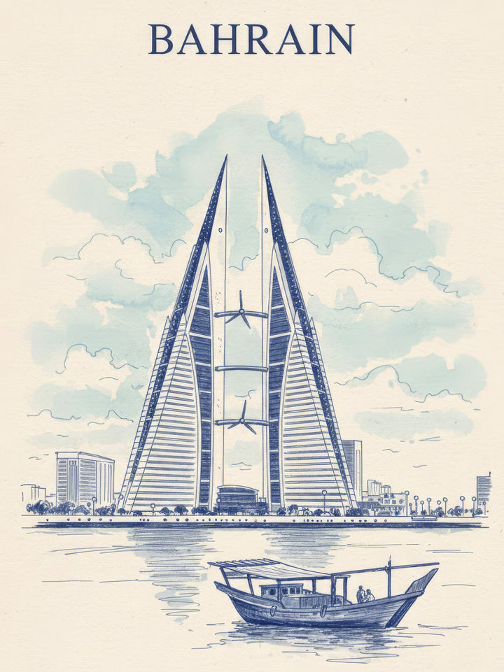 Wadi Home Bahrain skyline illustration with traditional Dhow boat in blue and cream palette.