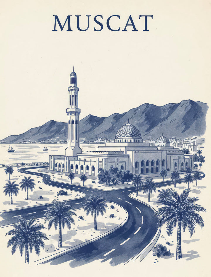 Wadi Home Muscat Mosque landscape poster in blue and white illustration. Features mosque, mountains, coastline, and palm trees.