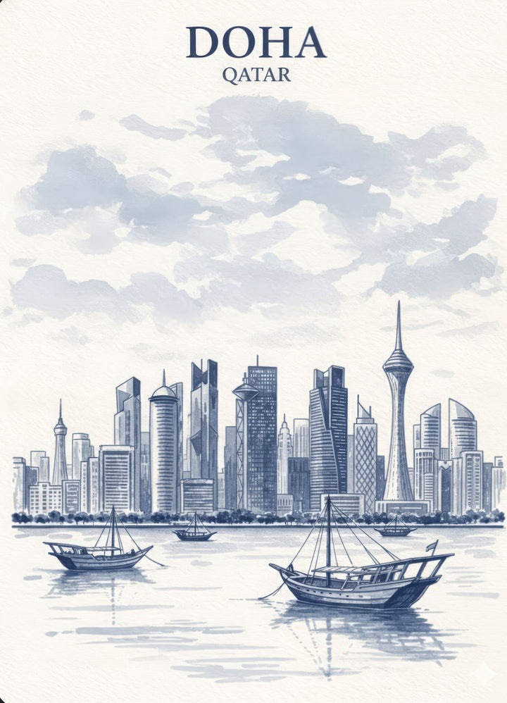 Wadi Home Doha Qatar skyline art print in blue and white watercolor style, featuring skyscrapers and dhow boats.