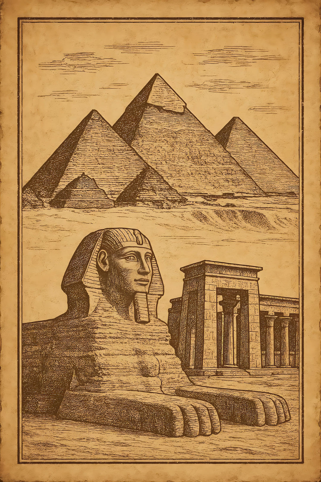 Wadi Home sepia-toned artwork of the Sphinx and pyramids, detailed illustration of ancient Egyptian landmarks.
