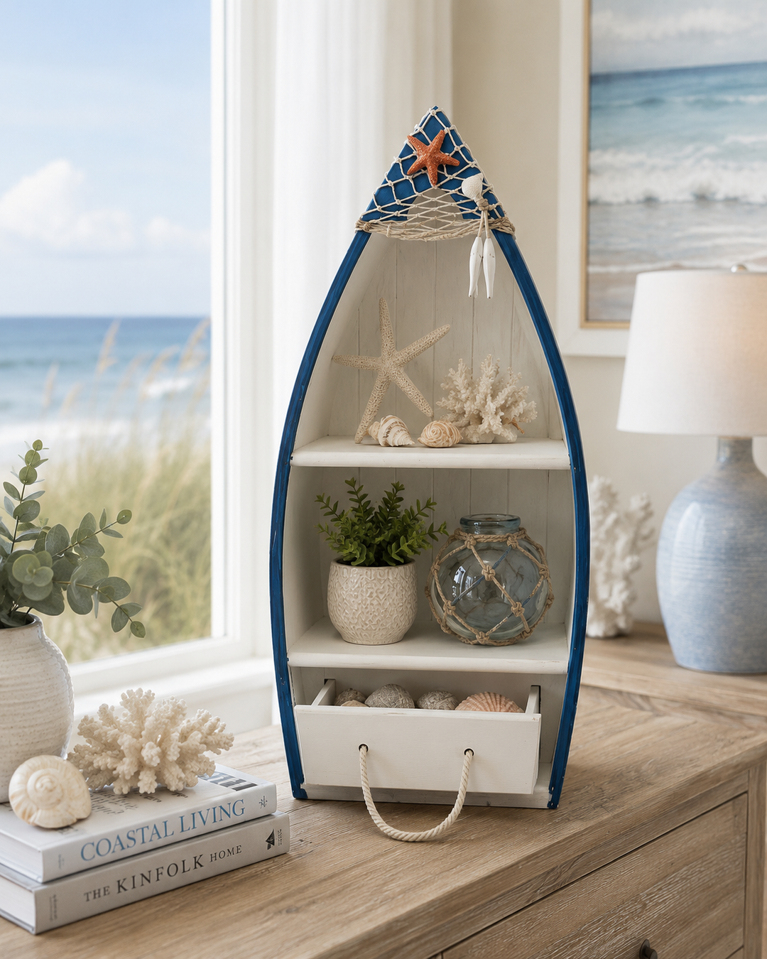 Coastal Boat Shelf Organizer with Drawer