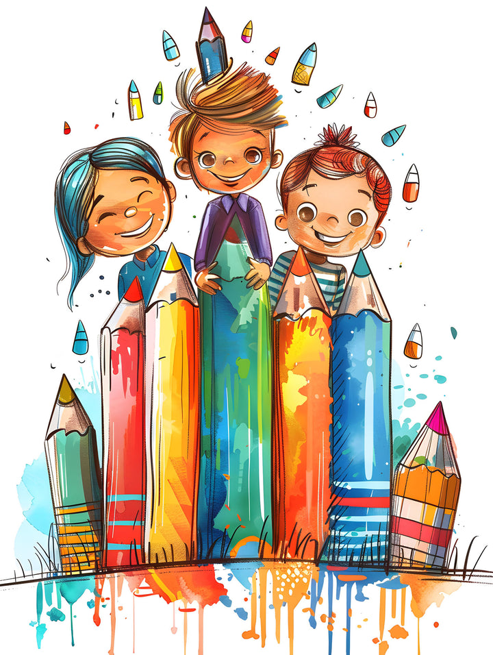 Wadi Home artwork of three smiling children peeking from behind colorful oversized pencils in watercolor style.